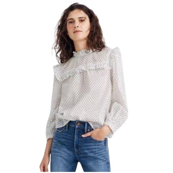 Madewell Tops - MADEWELL Women’s White Polka Dot Ruffle Neck Bow Tie Long sleeve Top